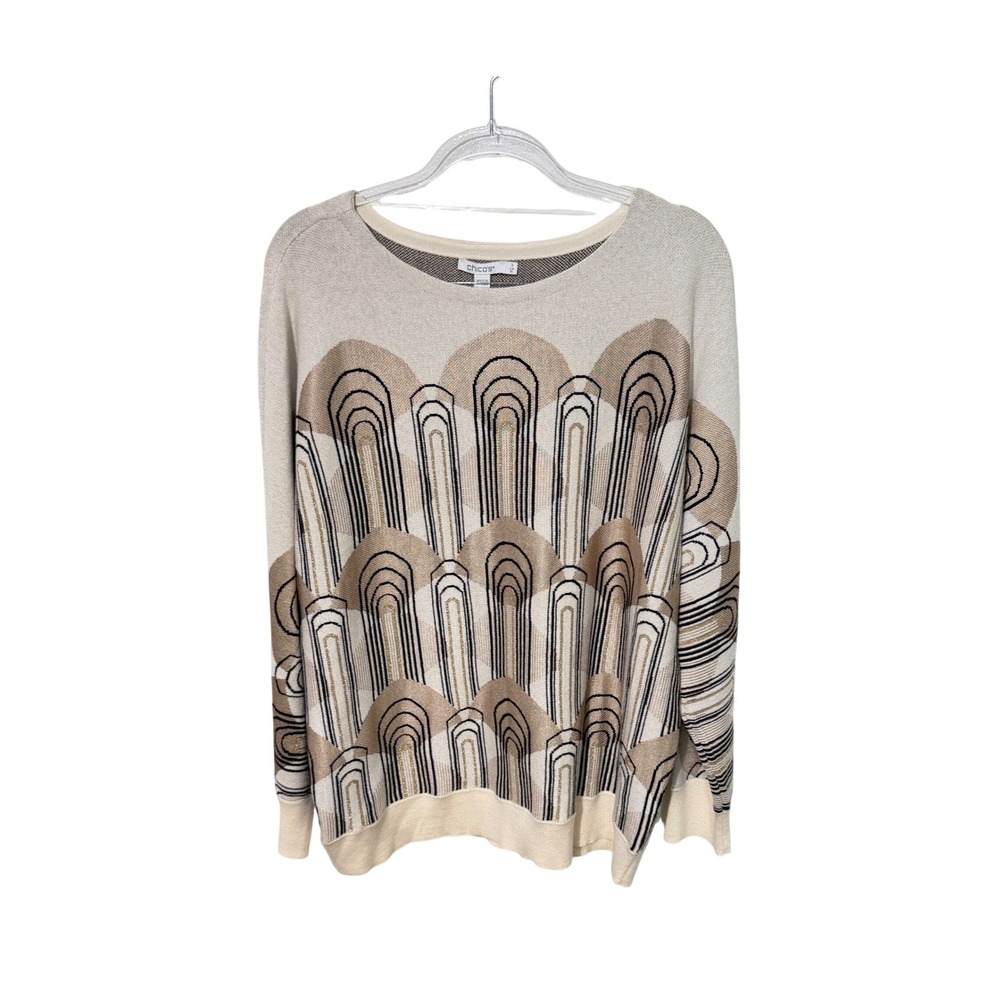 Chico's Art Deco Pullover Sweater Women Size  XL Cream Gold Geometric Arch